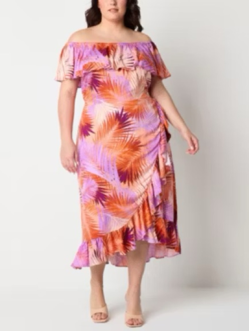 BOLD Elements Palm Print Off Shoulder Wrap Dress